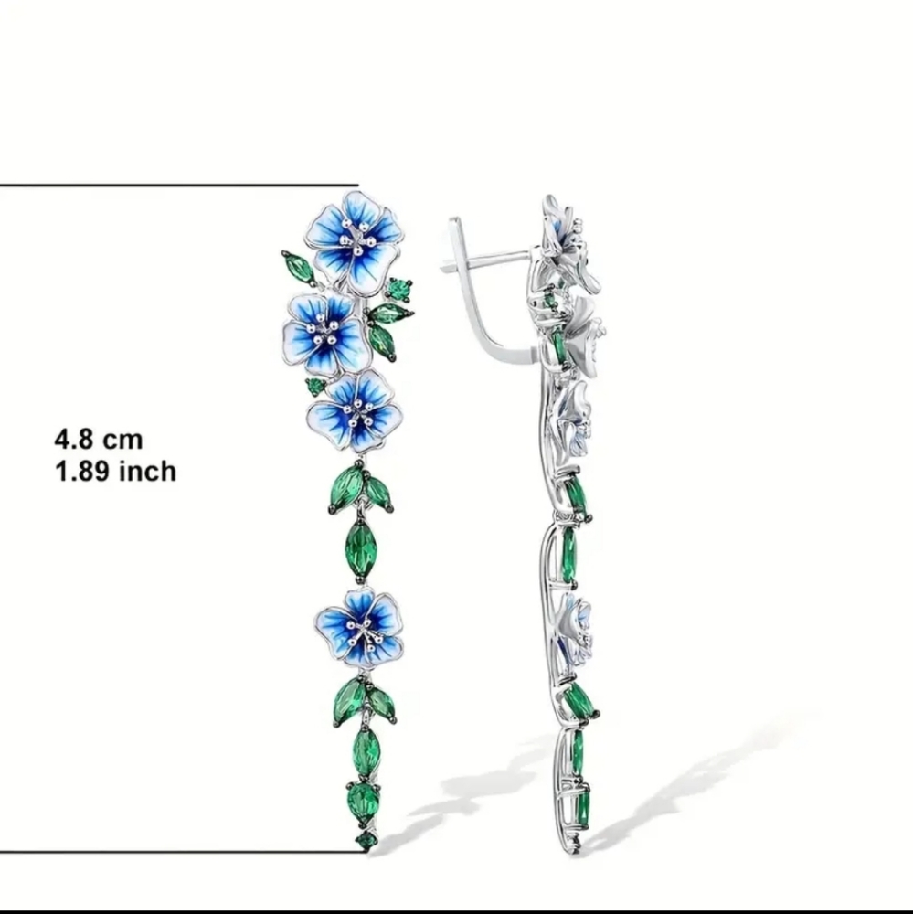 Silver Plated Blue Lily Flower Dangle Drop Earrings. - Picture 6 of 7